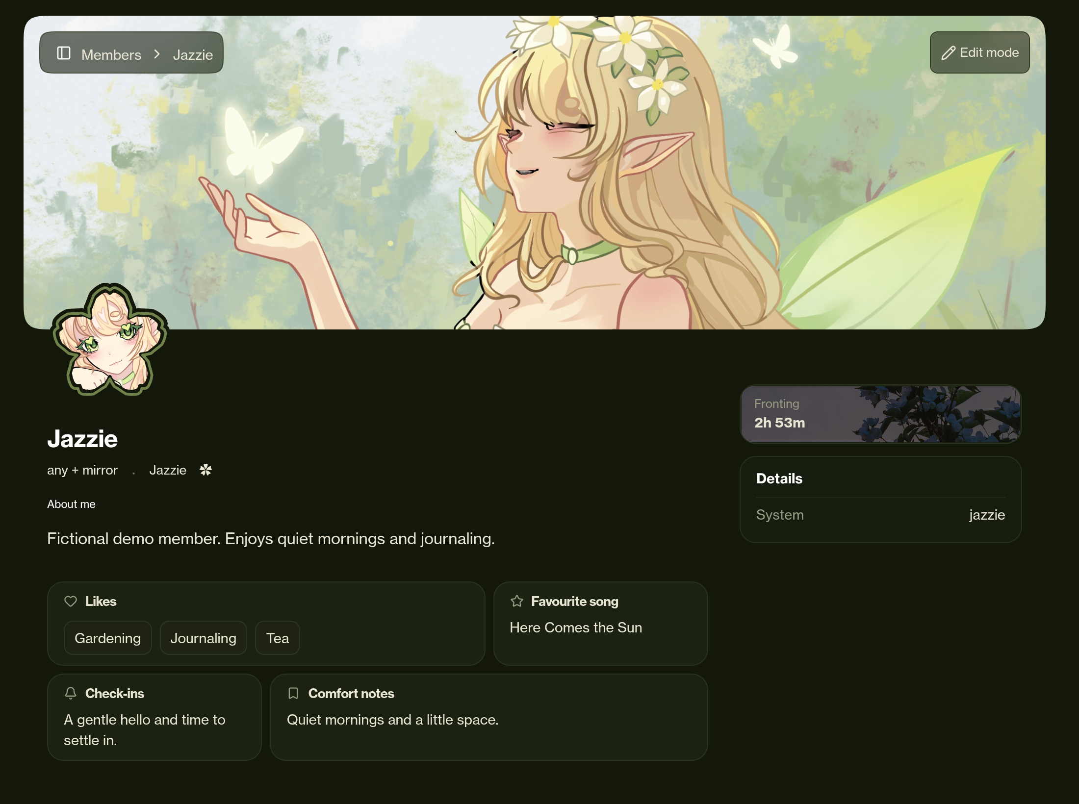 Jazzie’s demo member profile in Florality, with a personalized banner, Sakura avatar ring, pronouns, and Likes, Favourite song, Check-ins and Comfort notes custom fields.